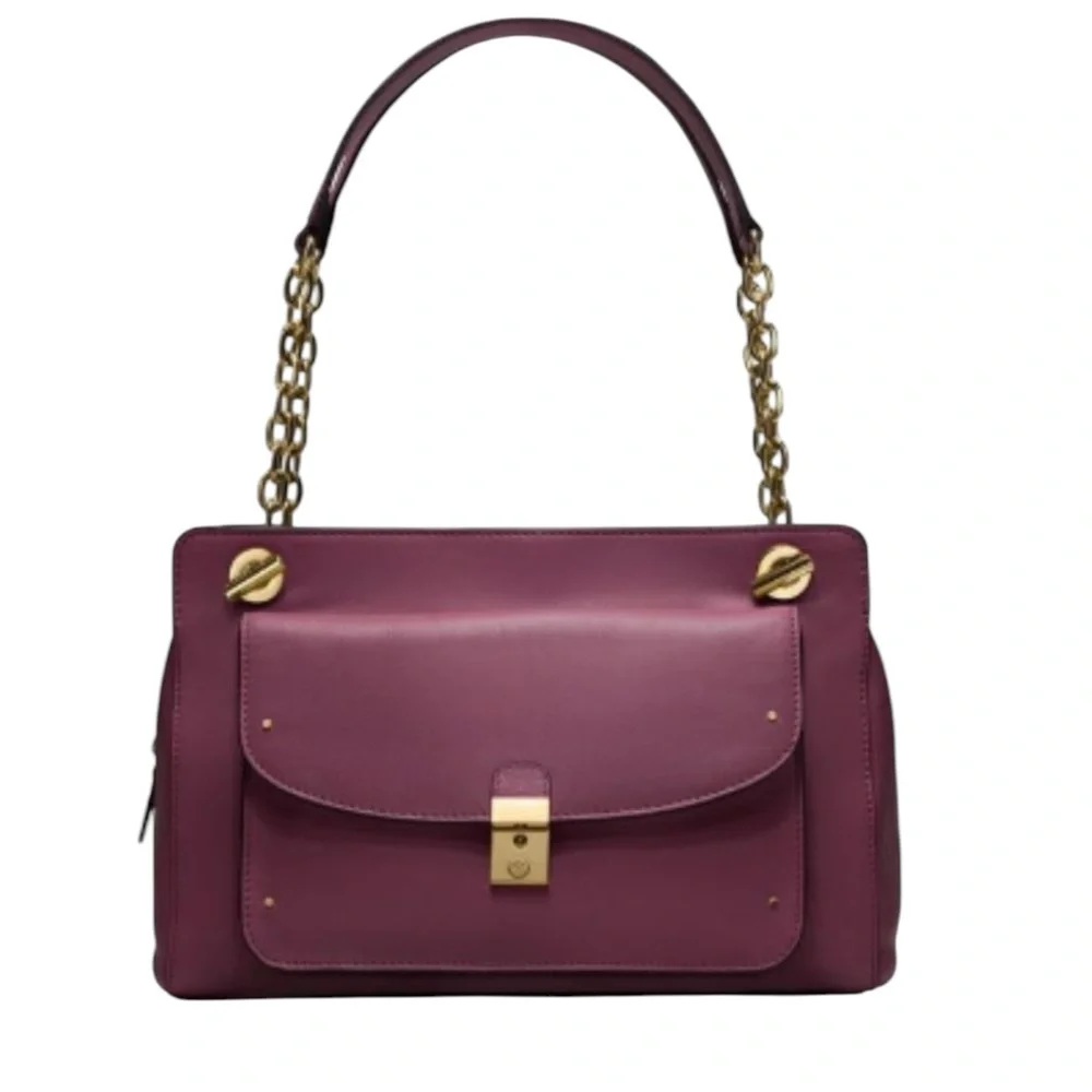 Tory Burch Priscilla gold chain plum leather shoulder bag handbag push lock